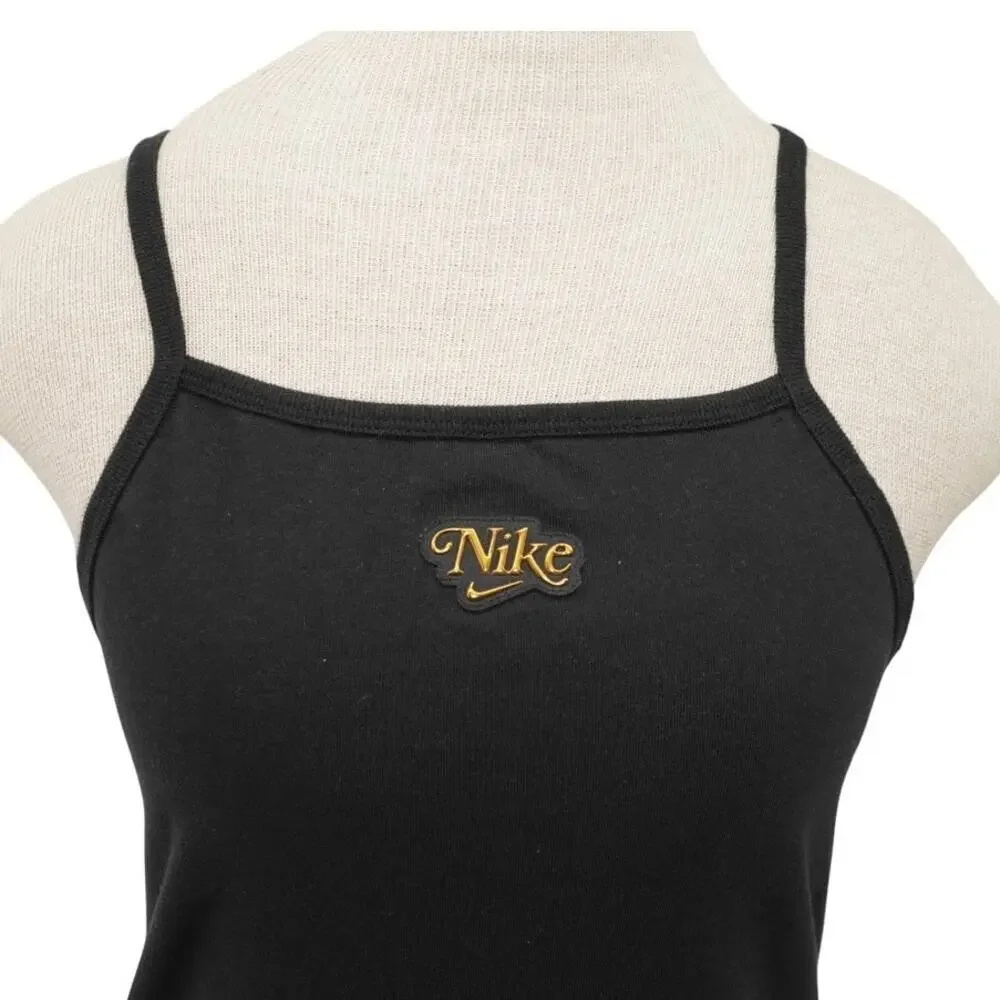Nike Y2K Black Mini Dress Gold Script Logo Spaghetti Strap Bodycon Size Medium